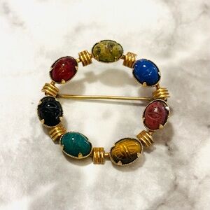 14k Gold Filled Vintage Egyptian Revival AMCO Scarab Carved Gemstone Brooch Pin
